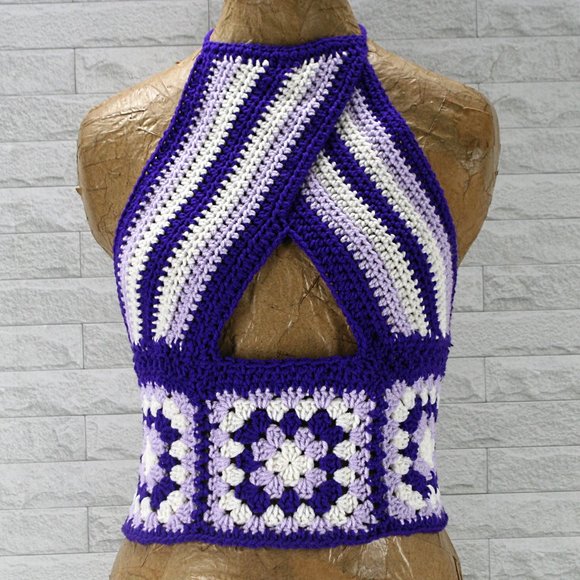 Hand Crafted Tops - HAND CRAFTED Crop Top Halter Crochet Criss Cross Cut Out Granny Square Stripe